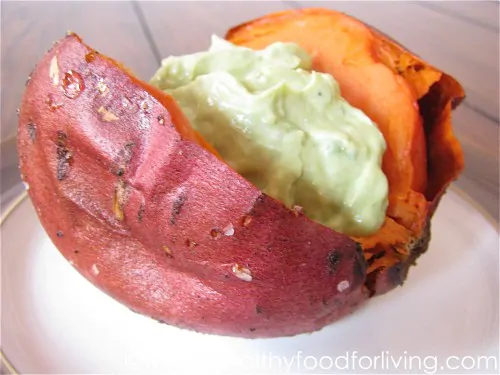 Baked Sweet Potatoes with Avocado & Goat Cheese Cream