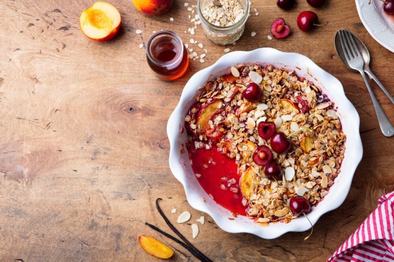 Baked Cherries and Peaches with Oat Topping