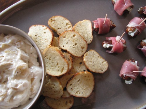 Caramelized Onion & Yogurt Dip + Prosciutto-Wrapped Stuffed Dates