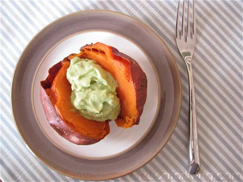 Baked Sweet Potatoes with Avocado & Goat Cheese Cream