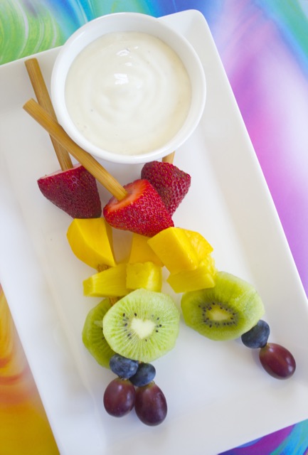 Rainbow Fruit Skewers with Banilla Dipping Sauce from The Kid’s Daily Plate