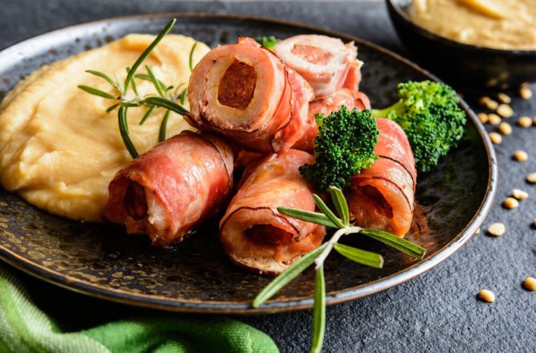 Prosciutto-Wrapped Pork Chops with Caramelized Pear Salad