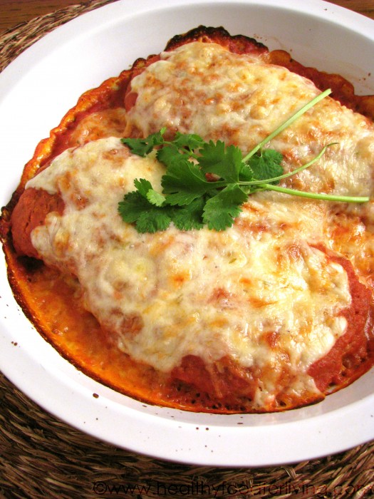 Enchilada Chicken Parmesan with Guacamole Garlic Bread