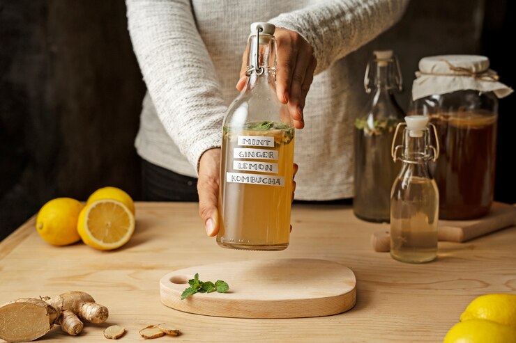 a man holding a Kombucha bottle.