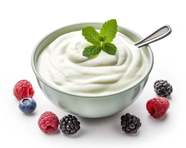yogurt in a bowl. Some berries are scattered around the bowl.