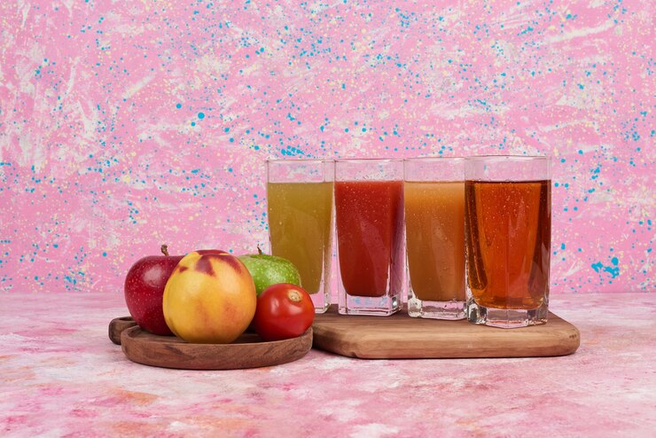 Different fruit juices are present on wooden cardboard.