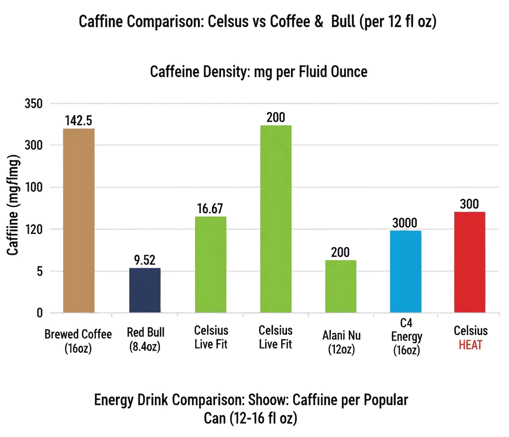 caffeine comparison Celsius vs coffee vs Red Bull