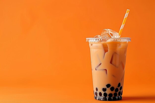 a glass of bubble tea with orange background.