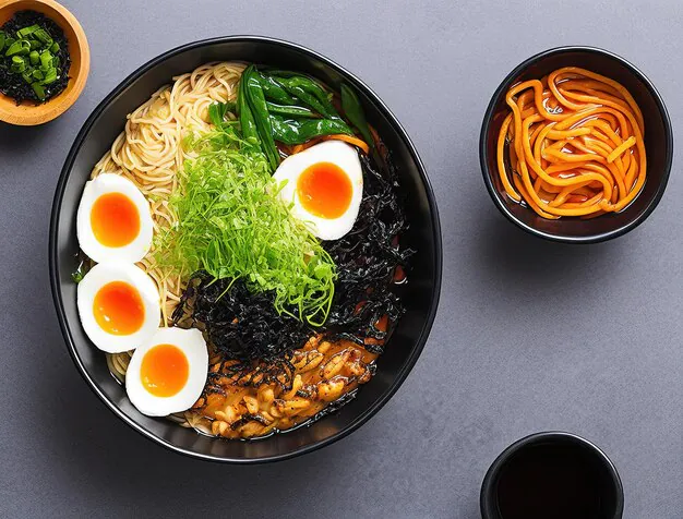 ramen in a black round bowl