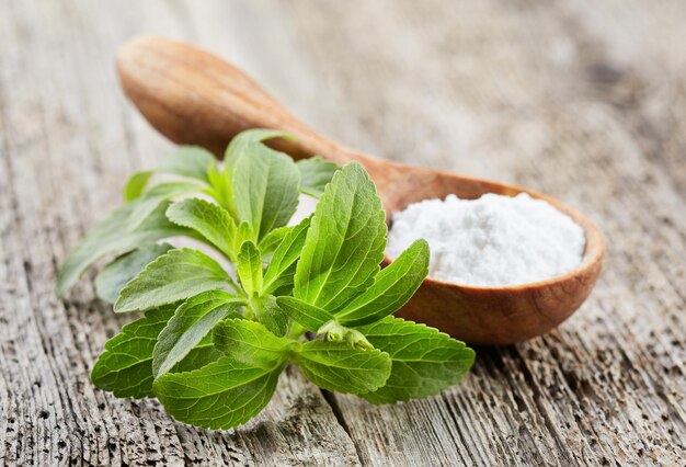 stevia powder in a wooden spoon